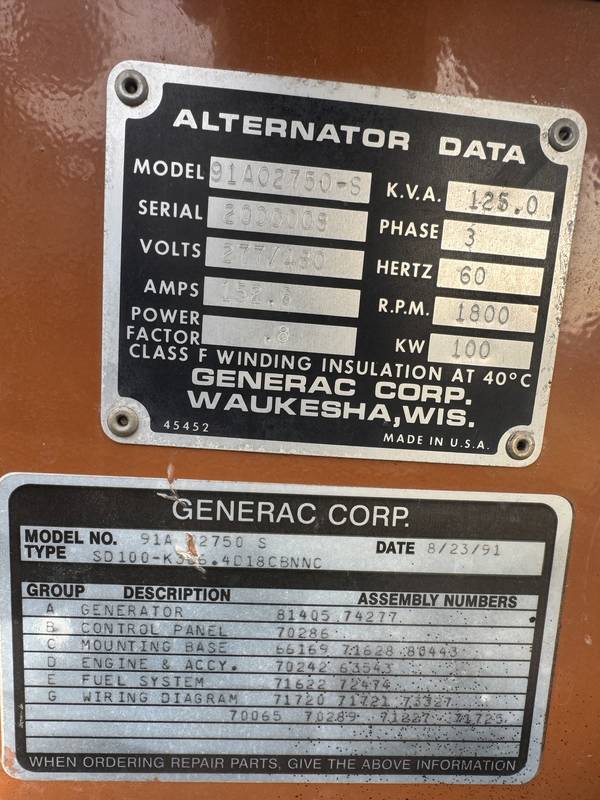 1991 General 125 KVA Generator 